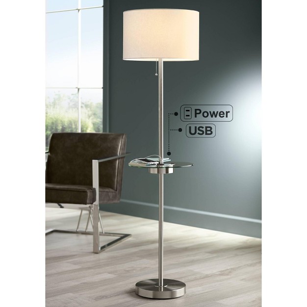 Tall Brushed Nickel Usb And Ac Power Outlet Off White Fabric Drum Shade For Living Room