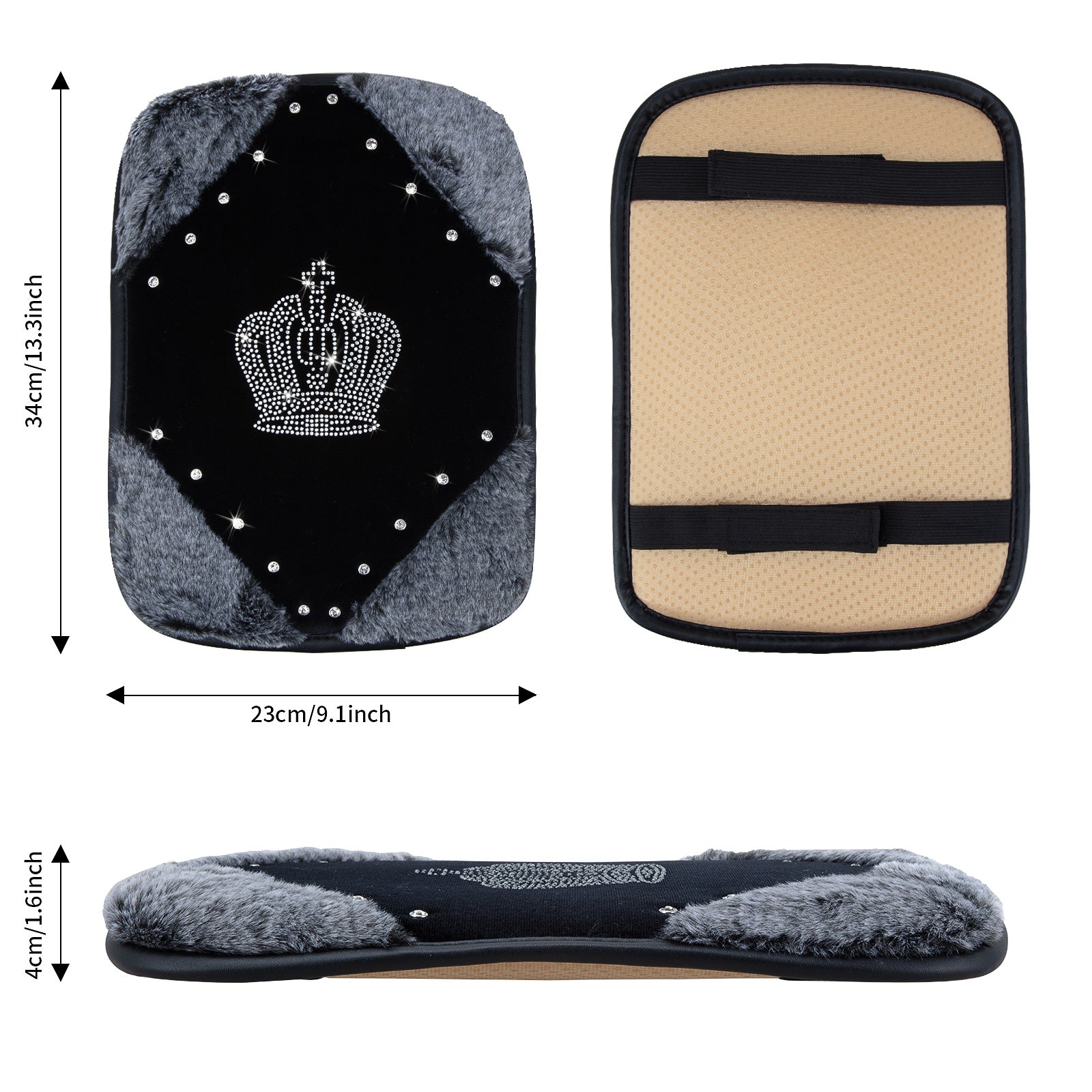 eing Fashion Exquisite Car Armrest Center Console Pad Plush Seat Center Mat Cushion Cover with Bling Diamonds and Crystal，13.7