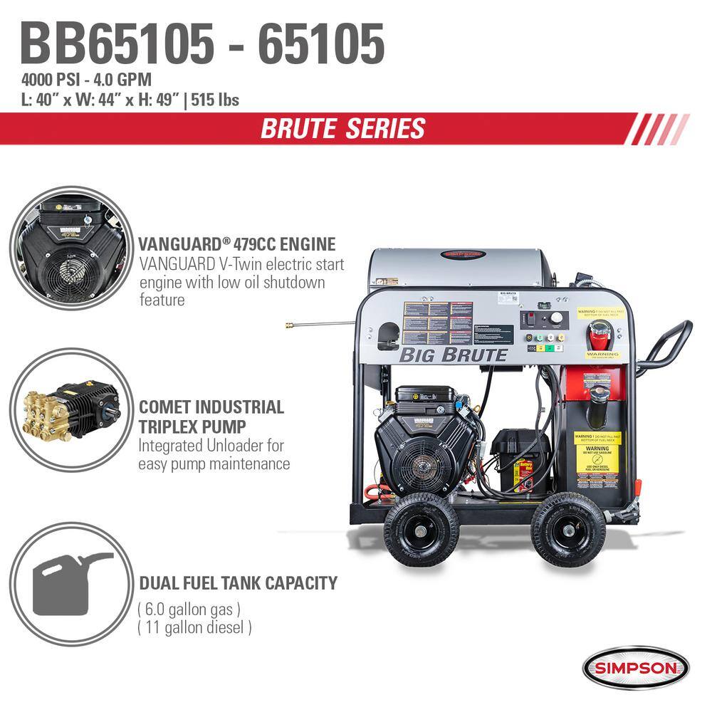 SIMPSON Big Brute 4000 PSI 4.0 GPM Gas Hot Water Pressure Washer with VANGUARD V-Twin Electric Start Engine 65105