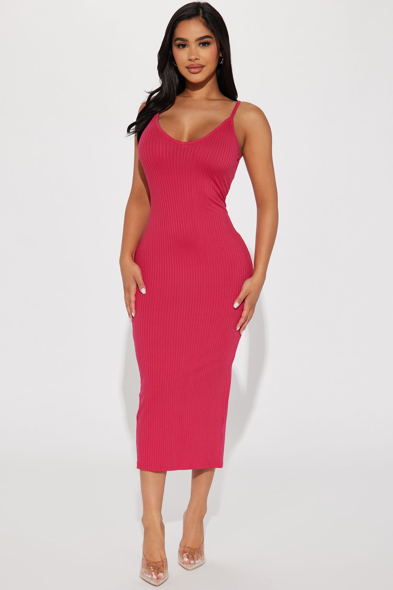 Brenda Ribbed Midi Dress - Fuchsia