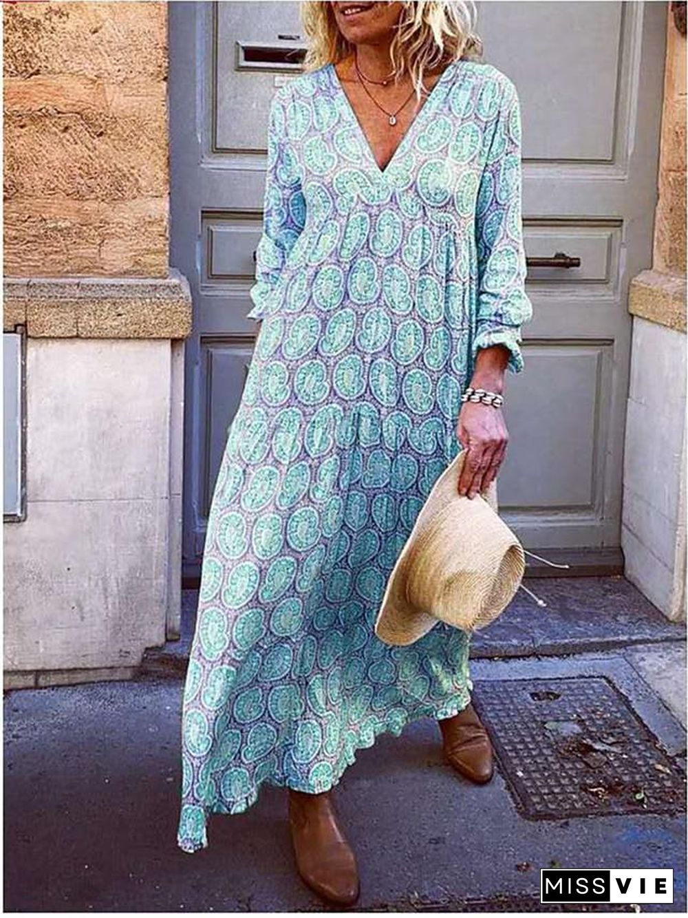 Women's A-Line Dress Maxi long Dress - Long Sleeve Print Patchwork Print Fall Winter Casual Blue Yellow Blushing Pink S M L XL XXL