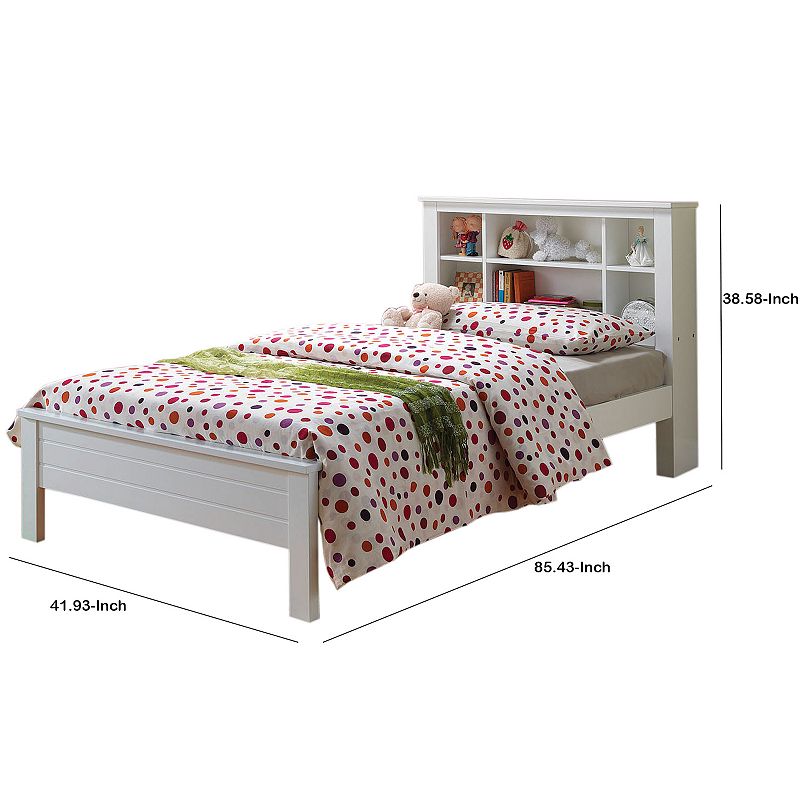 Space Saver Wooden Twin Size Bed with Bookcase Headboard， White