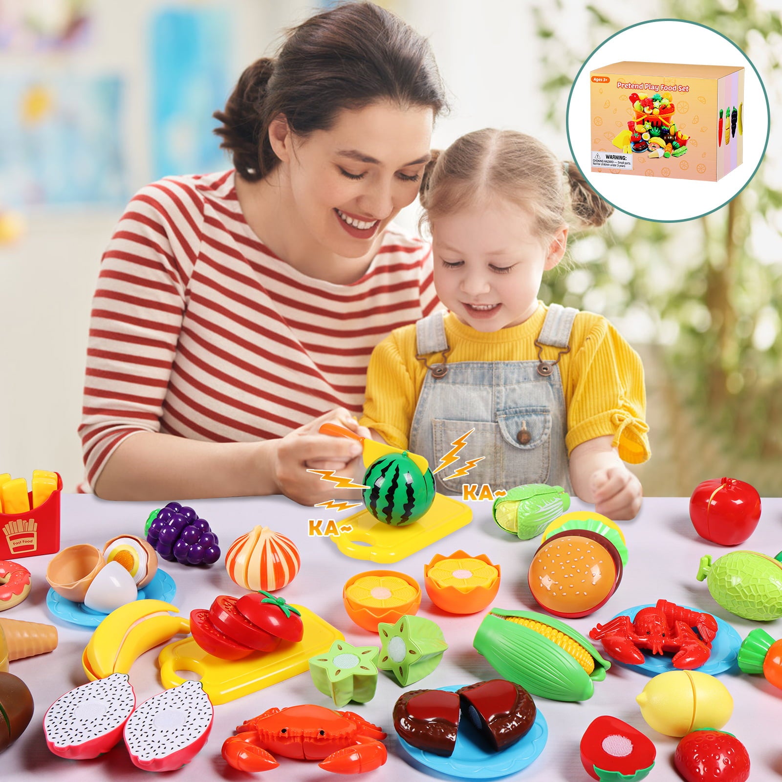 88pcs Cutting Play Food Sets for Kids, Pretend Play Kitchen Toys Accessories Educational Toy Food with Storage Basket