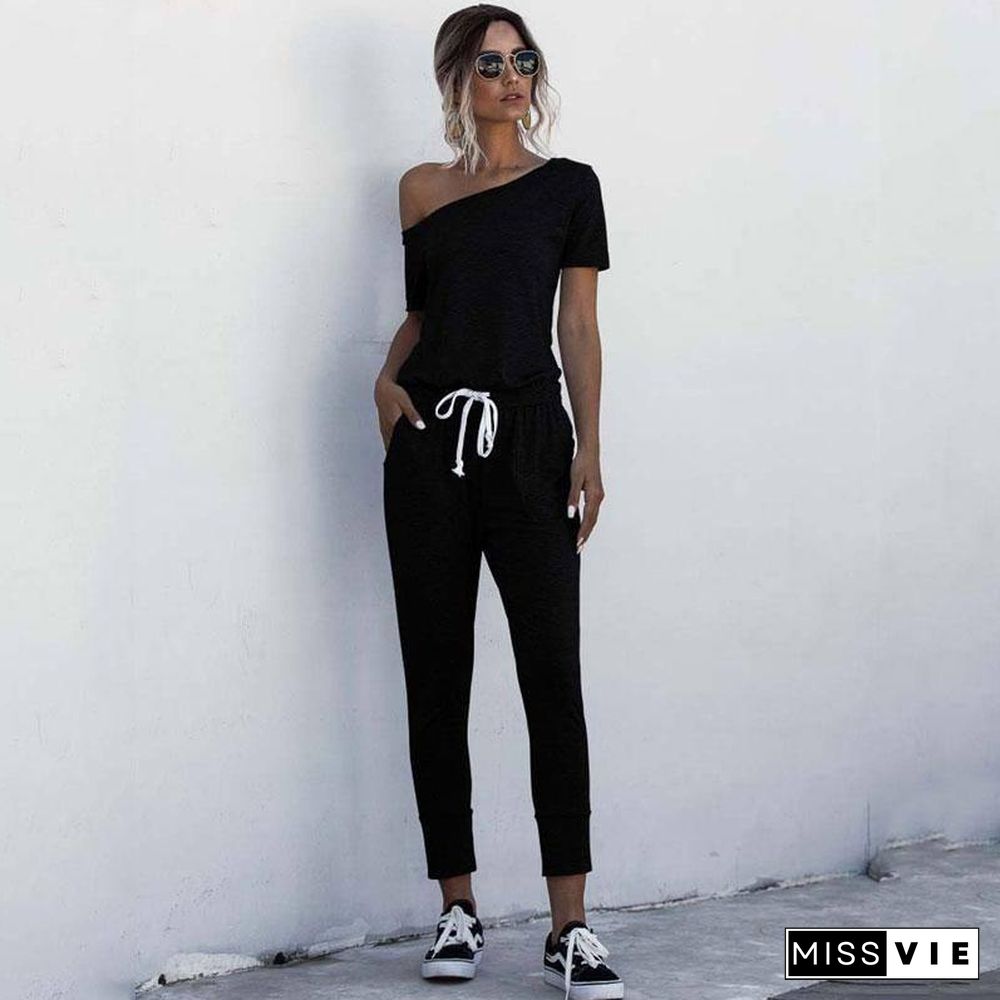 Red One Shoulder Jumpsuit Summer Rompers Womens Jumpsuit Long Female Romper Short Sleeve Lace Up Overalls For Women Pocket