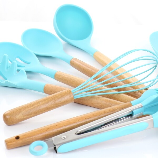 12 Piece Turquoise Silicone and Wood Cooking Utensils