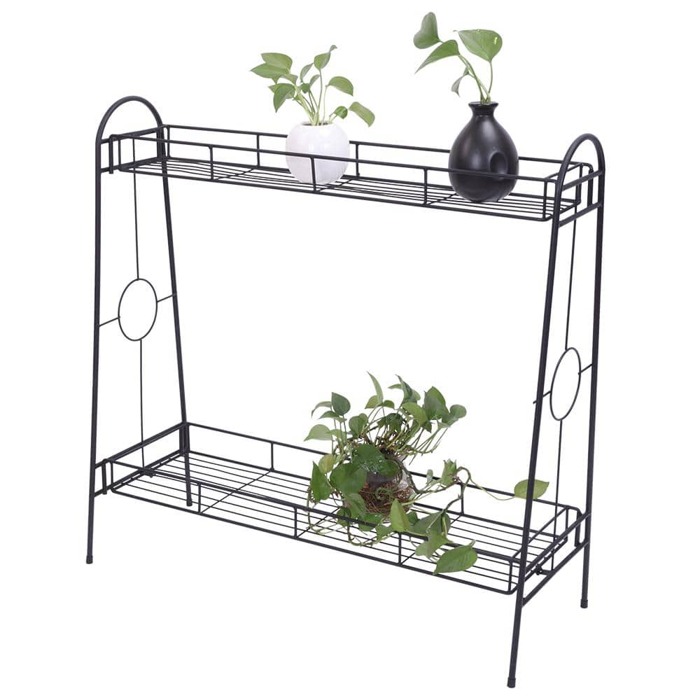 Winado 2-Layers Iron Round Pattern Plant Shelf Black Baking Paint 302593170611