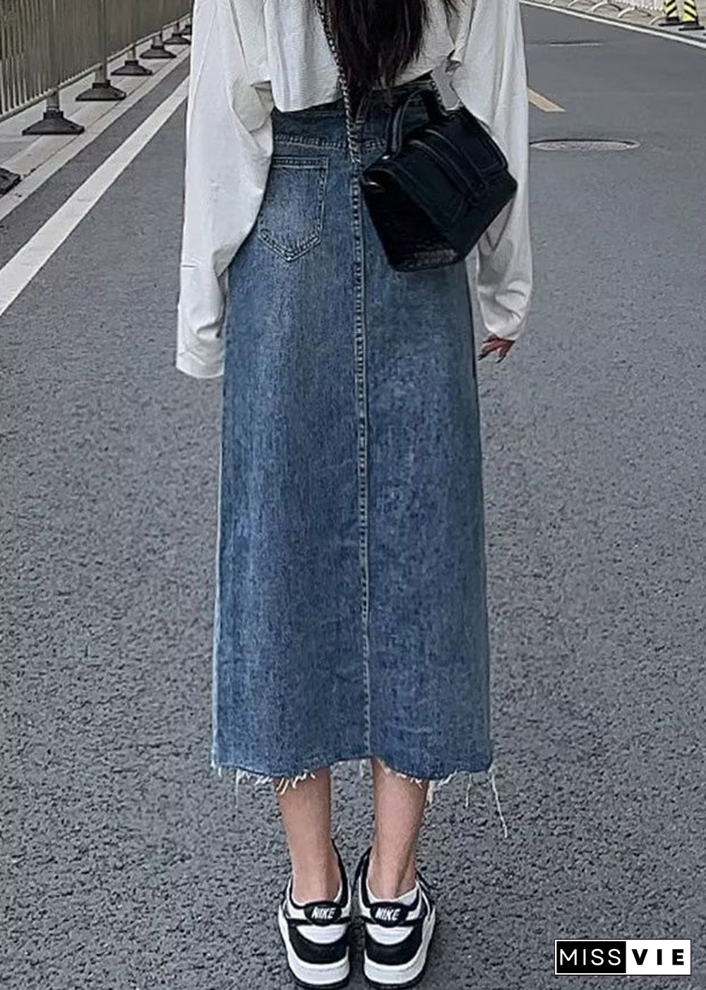 Chic Denim Blue Asymmetrical Patchwork Pockets A Line Skirt