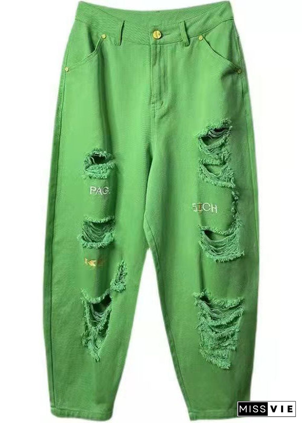 French Green Letter Embroideried Pockets Cotton Harem Pants Summer