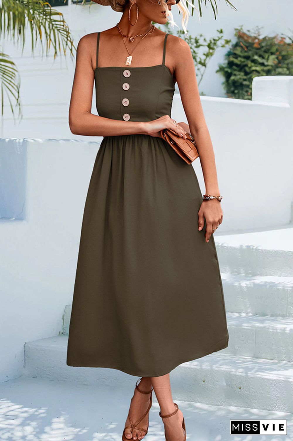 Sleeveless Buttoned Spaghetti Long Dress