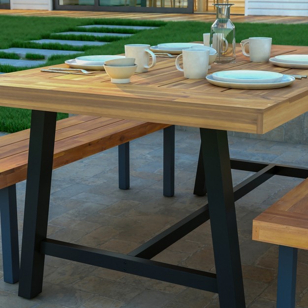 Emma And Oliver Natural Finish Solid Acacia Wood Dining Table With Black Metal Legs For Indoor And Outdoor Use