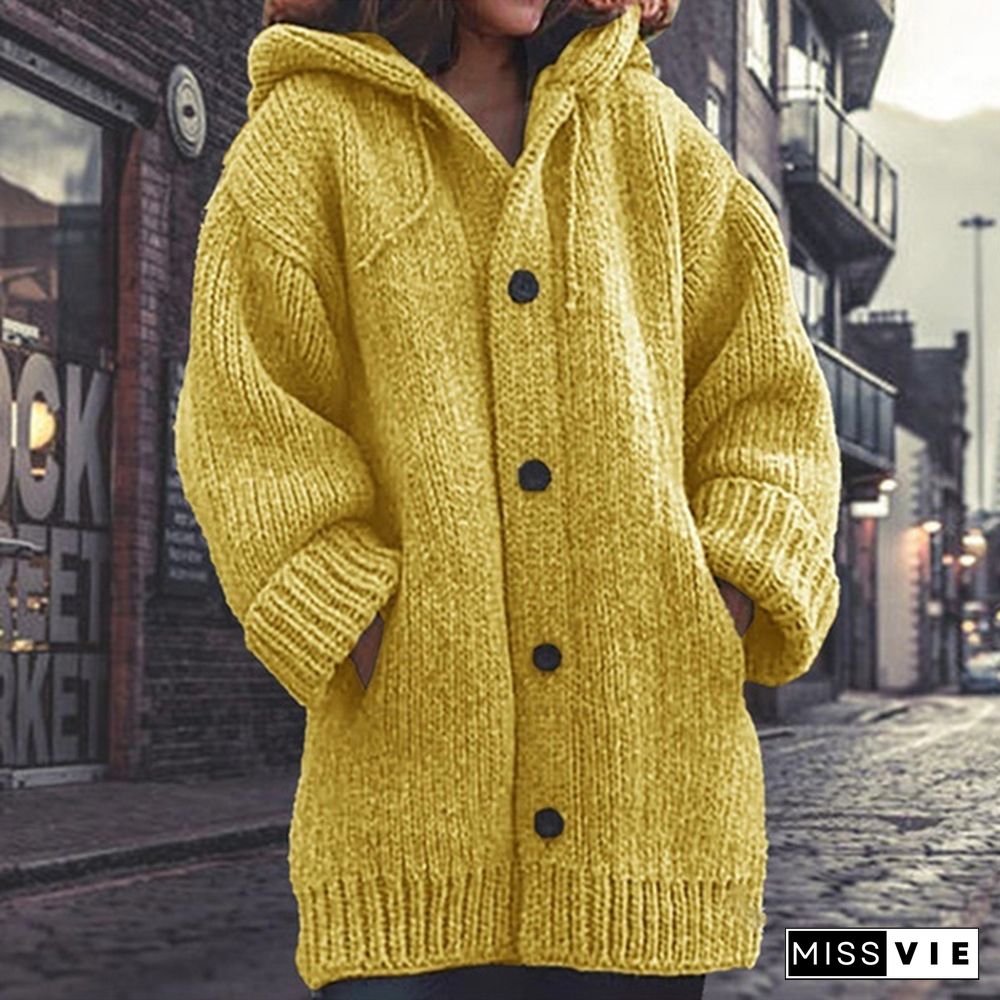 Women Fashion Mid-length Button Up Knitted Cardigan Jackets Ladies Casual Autumn and Winter Hooded Sweater Coats Strickjacke Damen