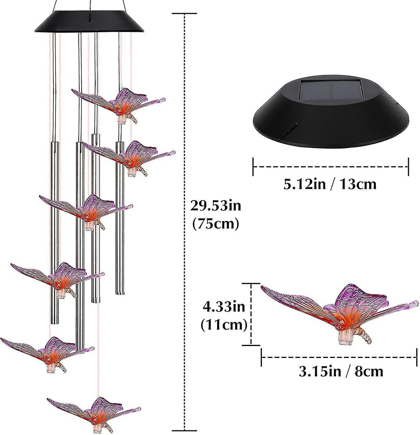 Solar Night Light Wind Chime， Outdoor Color Changing Led Butterfly Wind Chimes Of Aluminum Tubes， Fo