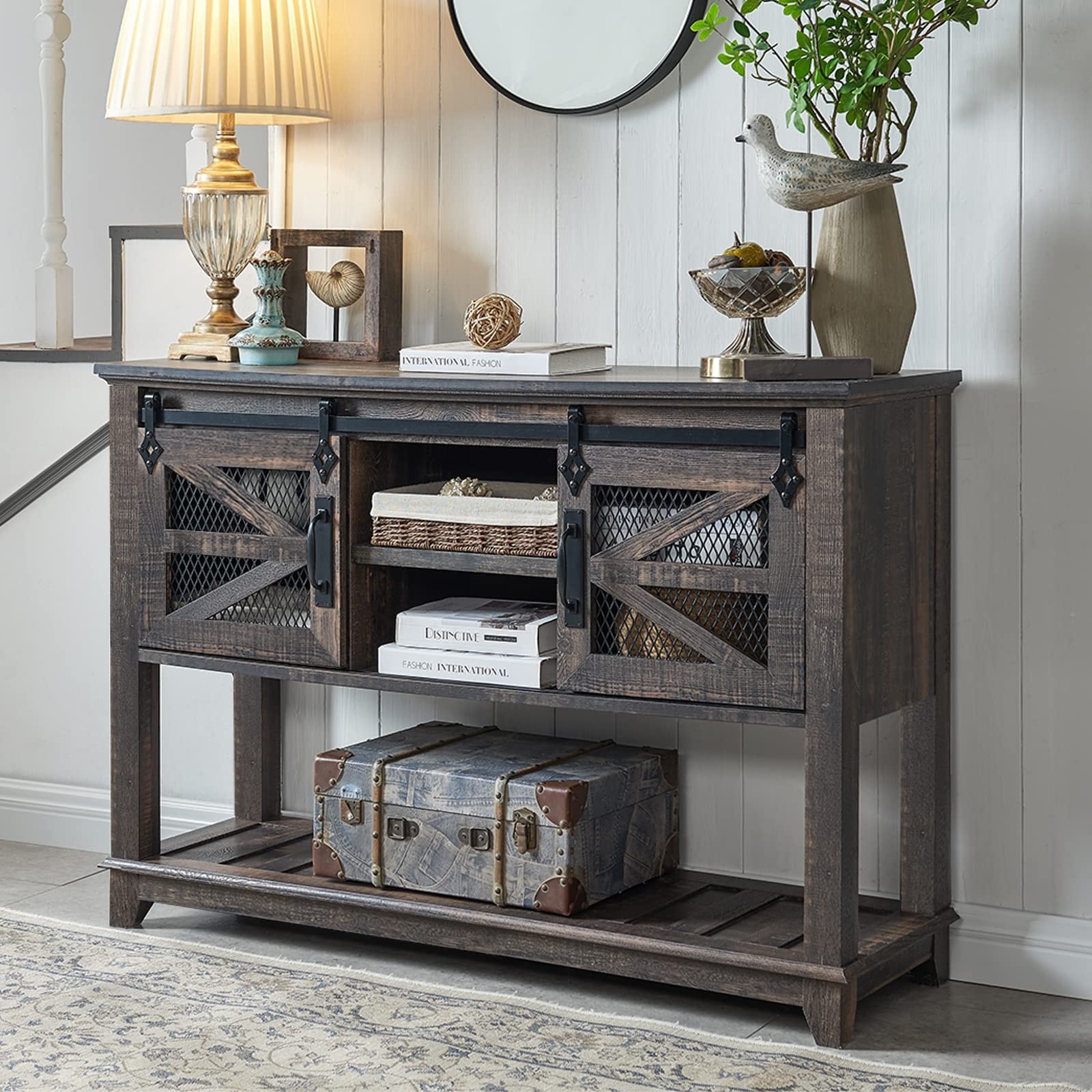 Entryway Table w/Sliding Barn Doors， 46'' Farmhouse and Industrial Console Table with Storage - as picture