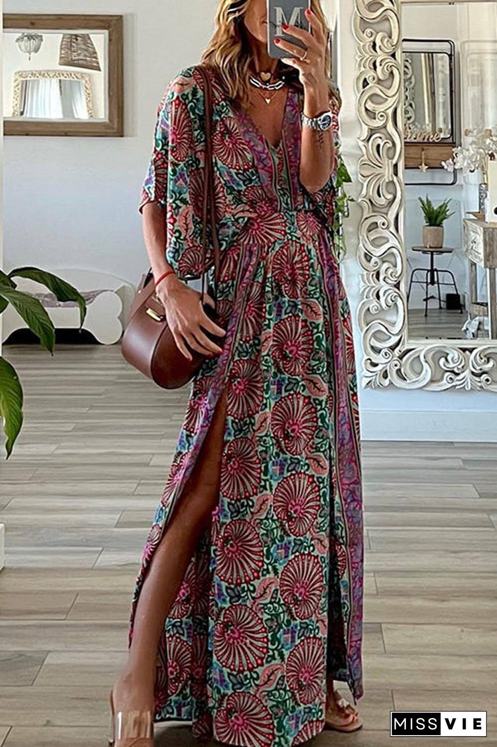 Boho Print V Neck Slit Maxi Dress