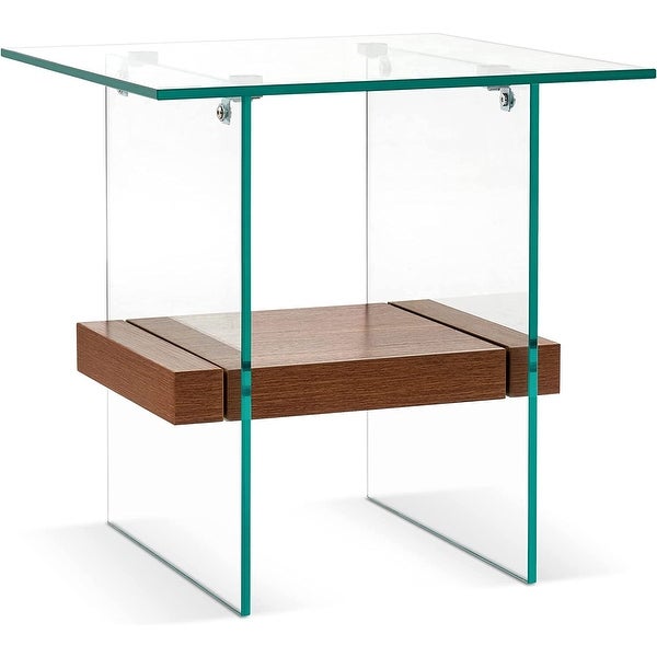 ivinta Modern Glass End Table， Small Side Table for Living Room， Clear Couch Sofa Table with Wood Storage Shelf