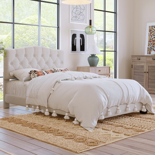 Upholstered Platform Bed with Saddle Curved Headbo...