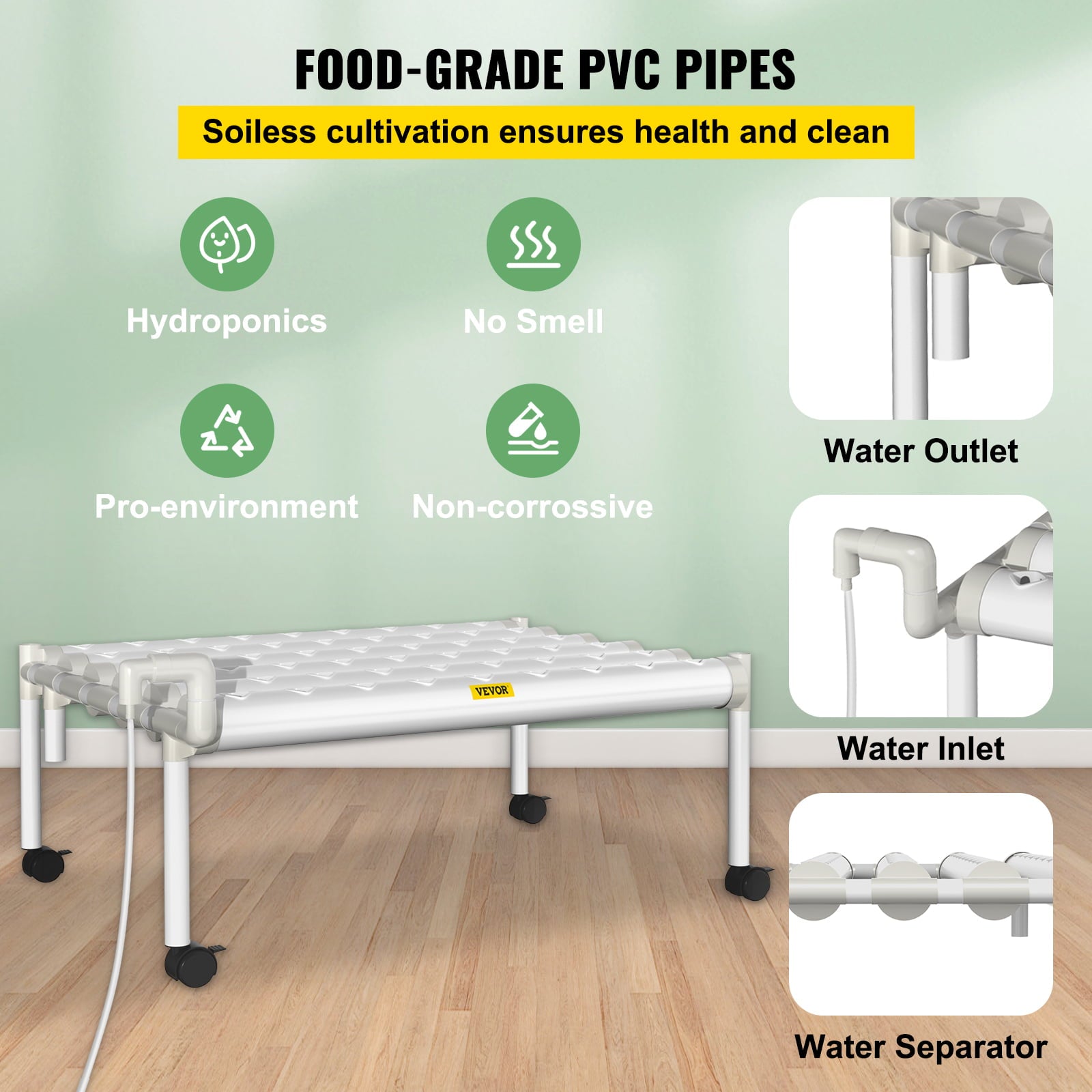 VEVOR Hydroponic Site Grow Kit 1 Layer 54 Plant Sites， 6 PVC Pipes Hydroponic Indoor Plant Growing System， Food-Grade Pipe Plant Grow Kit with Water Pump and Timer