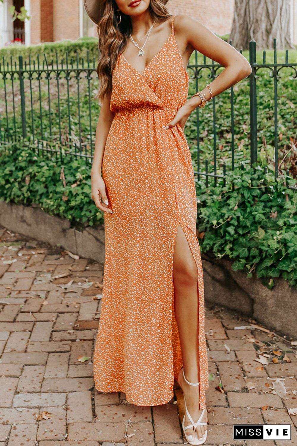 Orange Surplice Dotted Print Sleeveless Maxi Dress with Slit