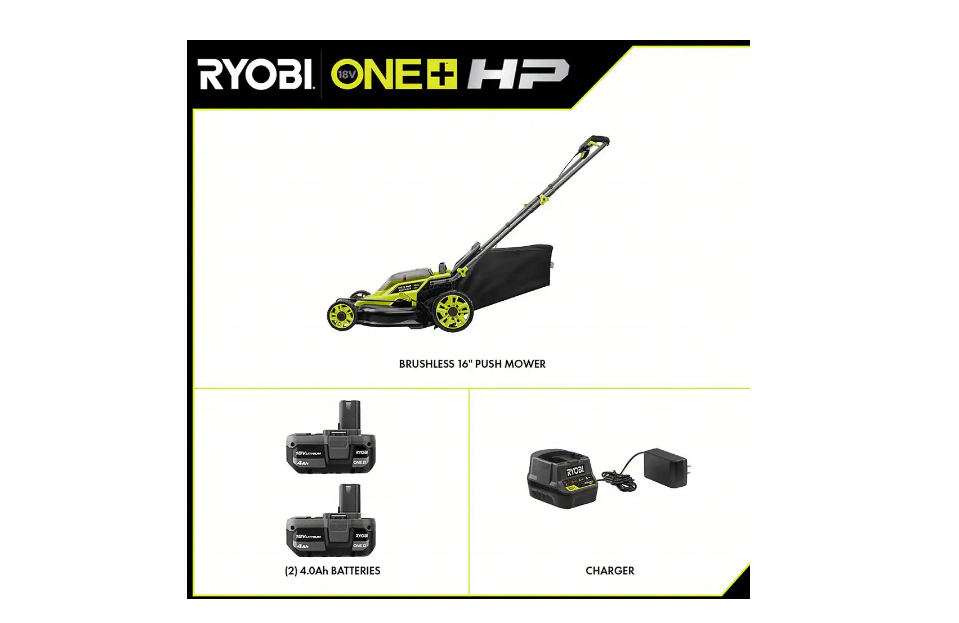 RYOBI P1190VNM ONE+ HP 18V Brushless 16 in. Cordless Battery Walk Behind Push Lawn Mower with (2) 4.0 Ah Batteries and (1) Charger