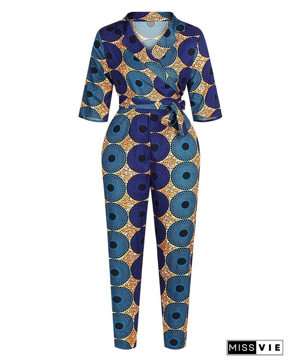 Print Colorblock Notched Neck Tied Jumpsuit