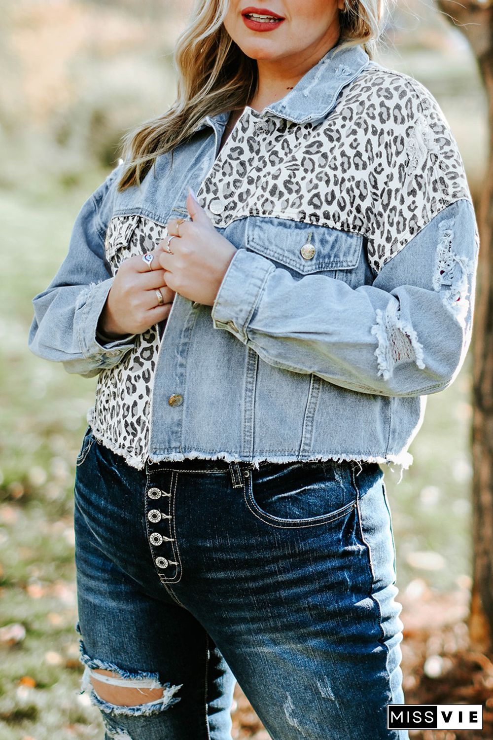 Sky Blue Plus Size Leopard Ripped Cropped Denim Jacket