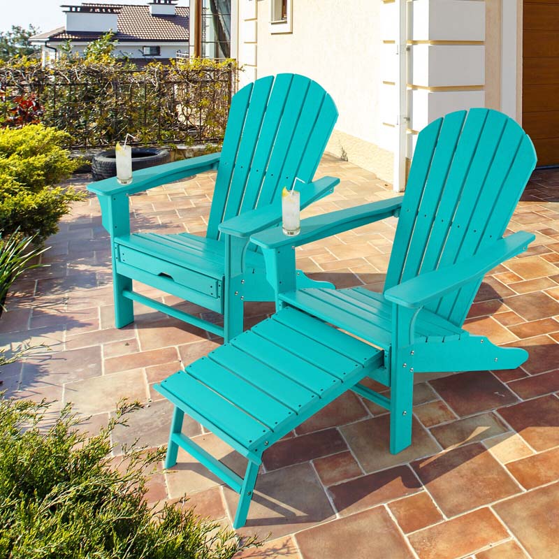 HDPE Adirondack Chair with Retractable Ottoman, Outdoor Chaise Lounge Chair for Lawn Pool Deck