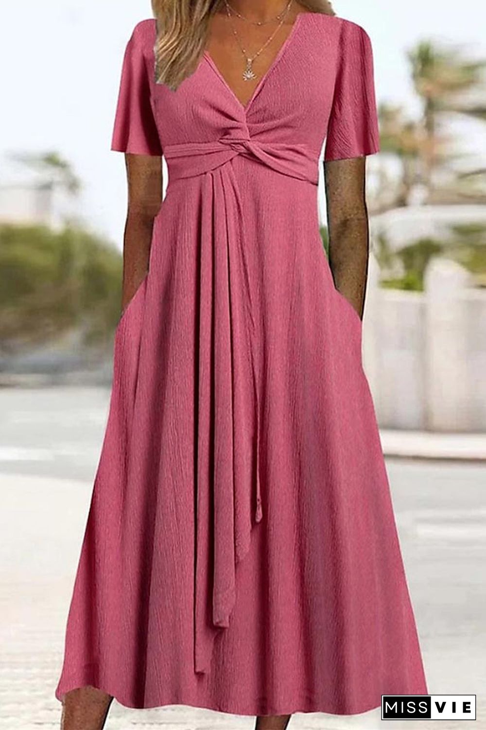 Watermelon V Neck Twisted Pockets Maxi Dress