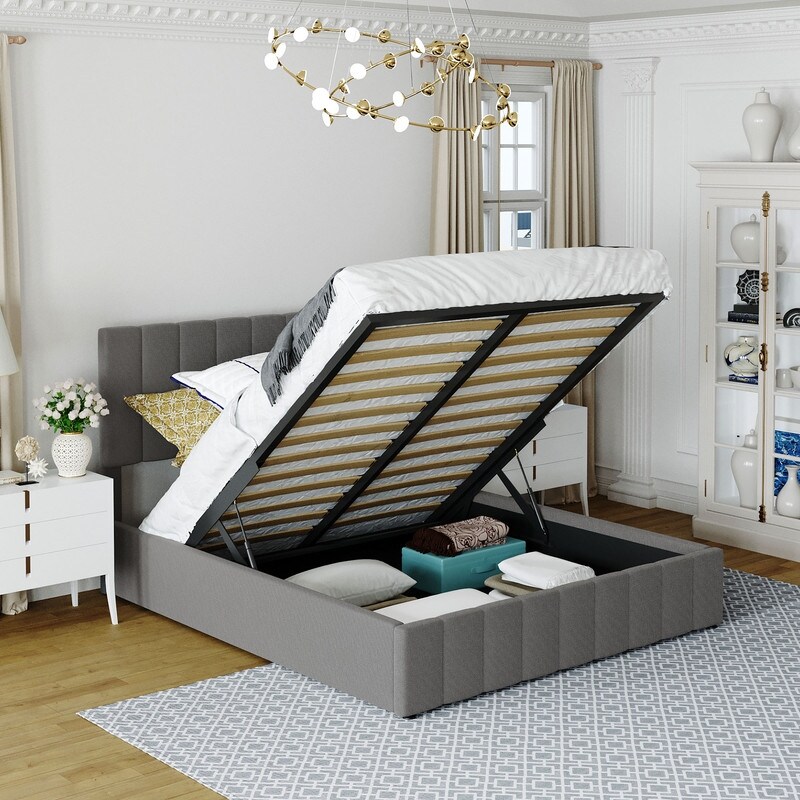 Lift Up Storage Bed Full/Queen Size  Upholstered Platform Bed Frame with a Hydraulic Storage System and Tufted Headboard