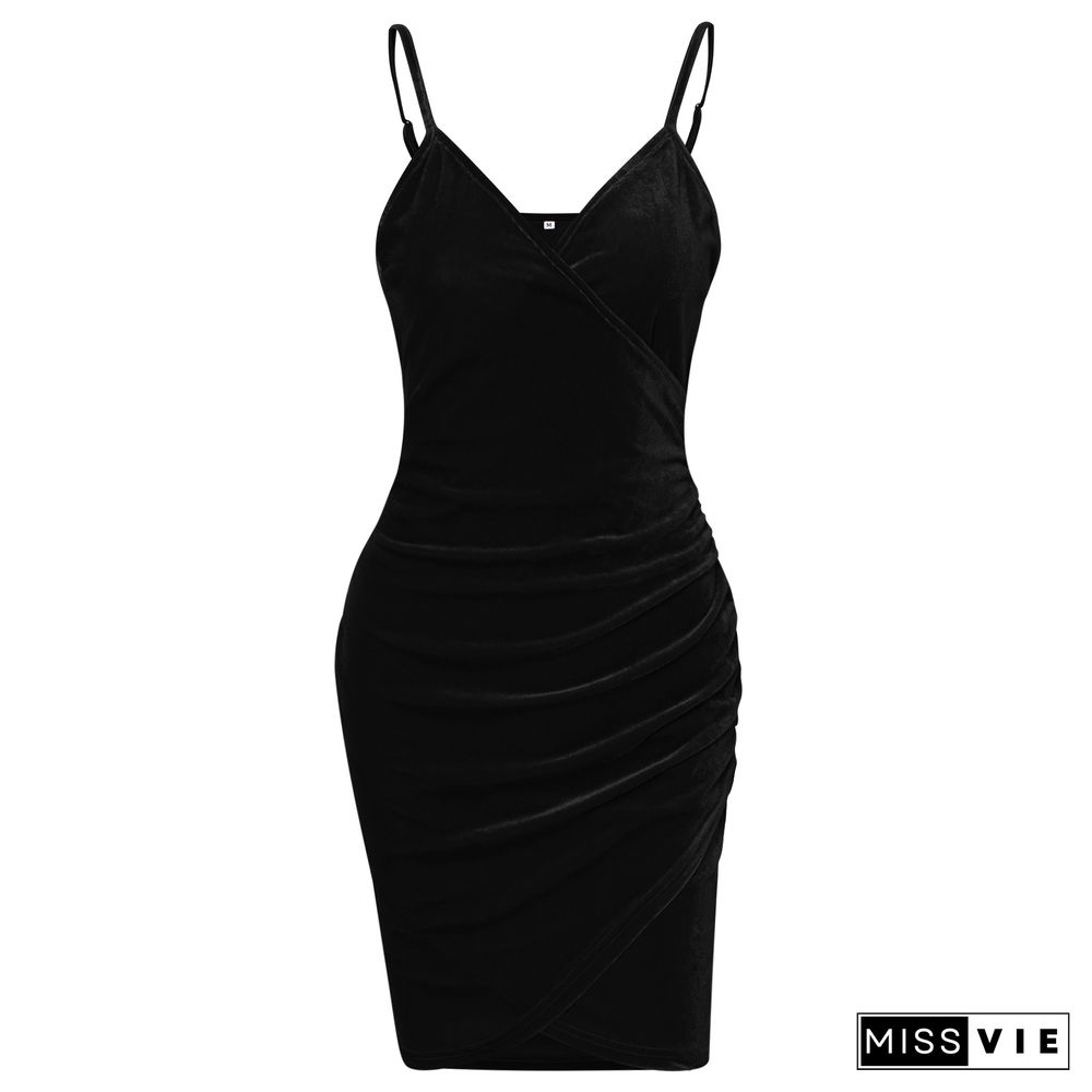 Velvet Front Ruched Spaghetti Strap Party Dress