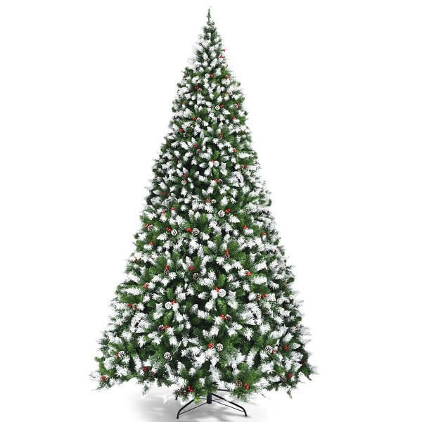 Costway 9ft Prelit Snowy Christmas Tree 2058 Tips w/ Pine Cones and Red