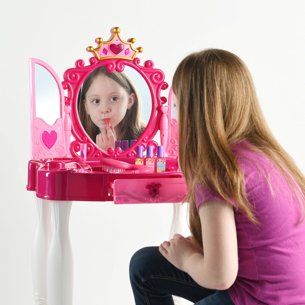 Pretend Play Vanity Set with Mirror and Stool 20 PCS - Kids Makeup Vanity Table Set with Lights and Sounds - Kids Beauty Salon Set Includes Fashion Hair  Makeup Accessories  Blow-dryer - Play22USA