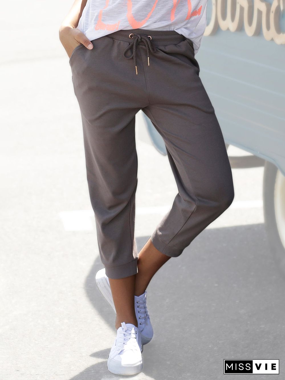 Plus size Casual Cropped Plain Sports Pants