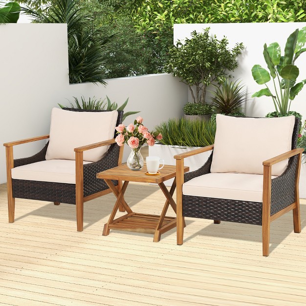 Costway 3pcs Patio Wicker Furniture Set Cushioned Armchairs With 2 tier Side Table Balcony