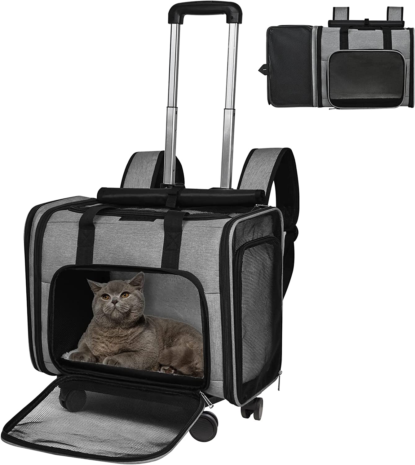 Airline Approved Expandable Pet Carrier Backpack with Wheels(Large Space)， Rolling Backpack with Durable Handle and Flexible Wheels，Breathable Durable Mesh Panels(Most Airplane Approved)