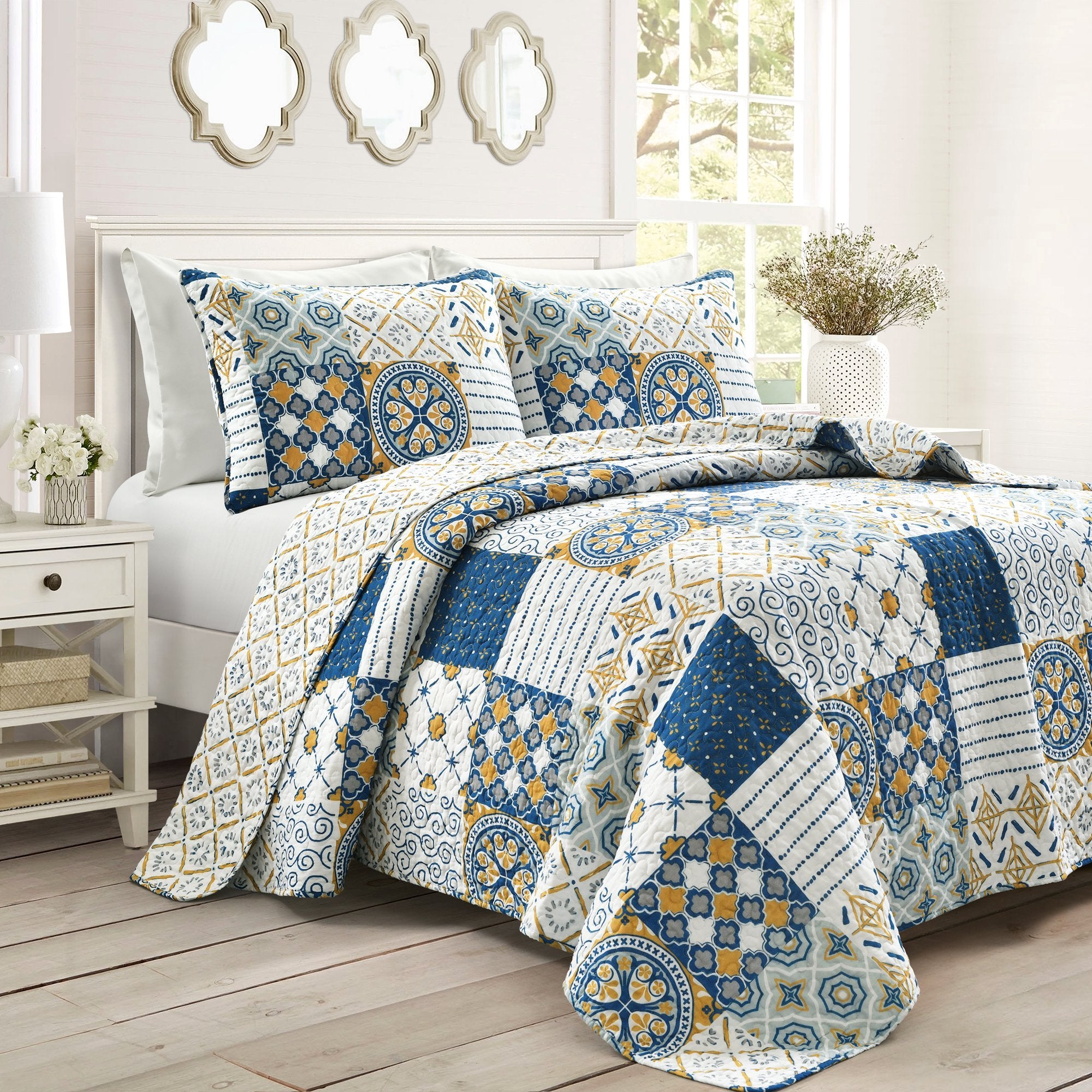 Bedding Bundle: Monique Patch Quilt + Solid Kantha Pick Stitch Quilt/Coverlet - Full/Queen