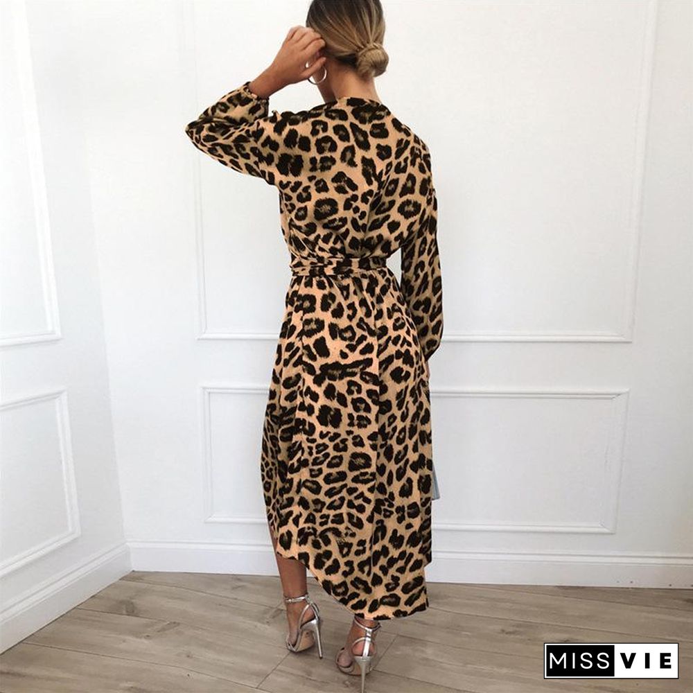 Women Vintage Leopard Print  Long Sleeve V Neck Bandage Dress