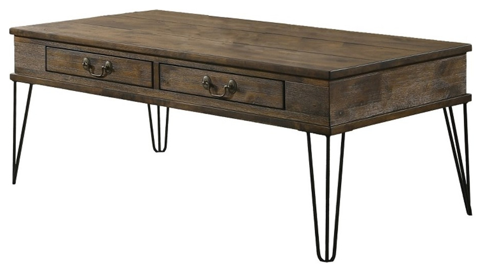 Mid Century Rustic Oak Coffee Table with Drawers and Wire Legs   Midcentury   Coffee Tables   by Homesquare  Houzz