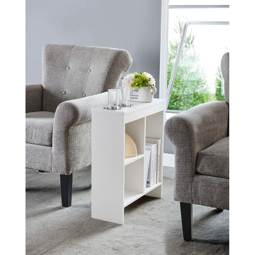 Slim Side Sofa End Table with Drink Holders and Built in Shelving Magazine Holder  White