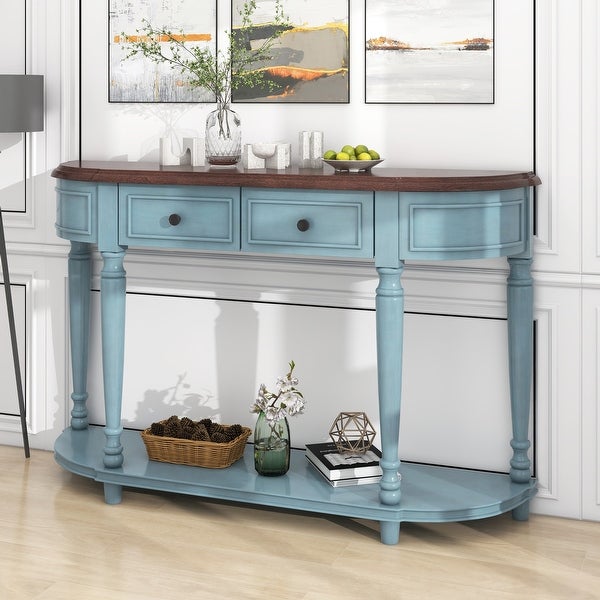 Console Table with Open Style Shelf Solid Wooden Frame and Legs Two Top Drawers