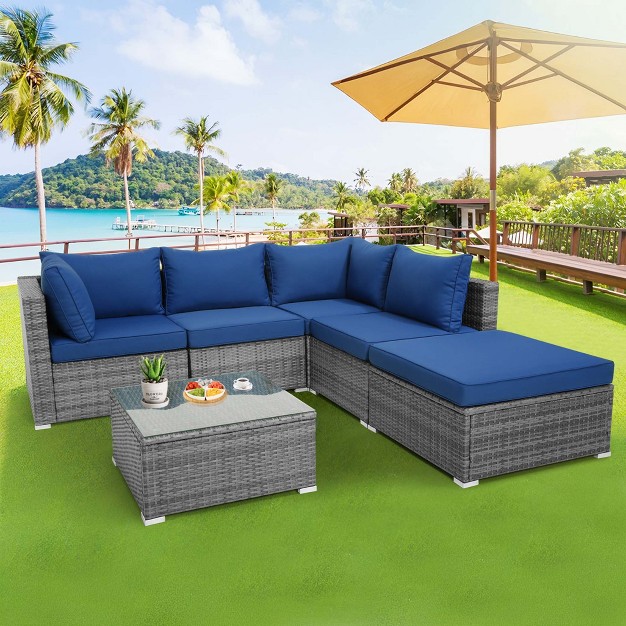 Costway 6pcs Patio Wicker Furniture Set Cushioned Sectional Sofa Coffee Table Navy Deck