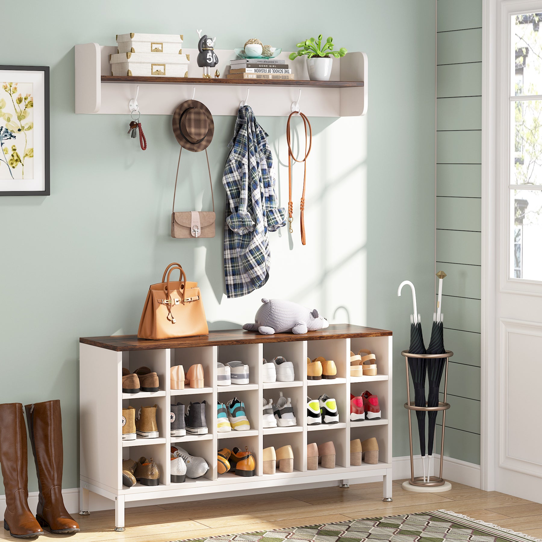 Coat Rack Shoe Bench Set, Hall Tree with Bench and 18 Shoe Cubbies