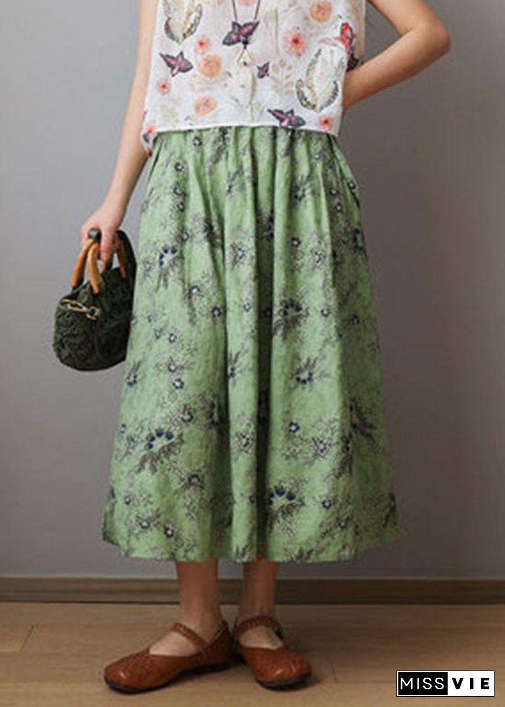 Organic Green elastic waist print Cotton Skirts Spring