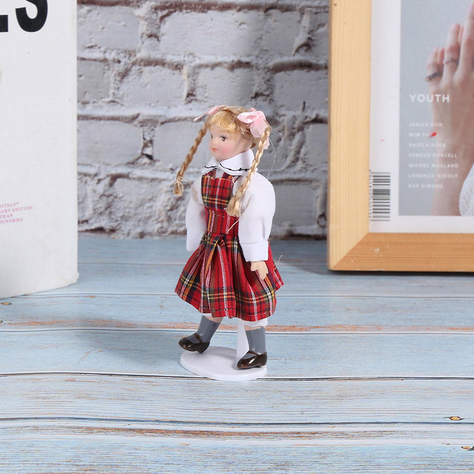 1:12 Dollhouse Doll Miniature Porcelain Long Braid Red Dress Girl Mini Toy Doll Modelred