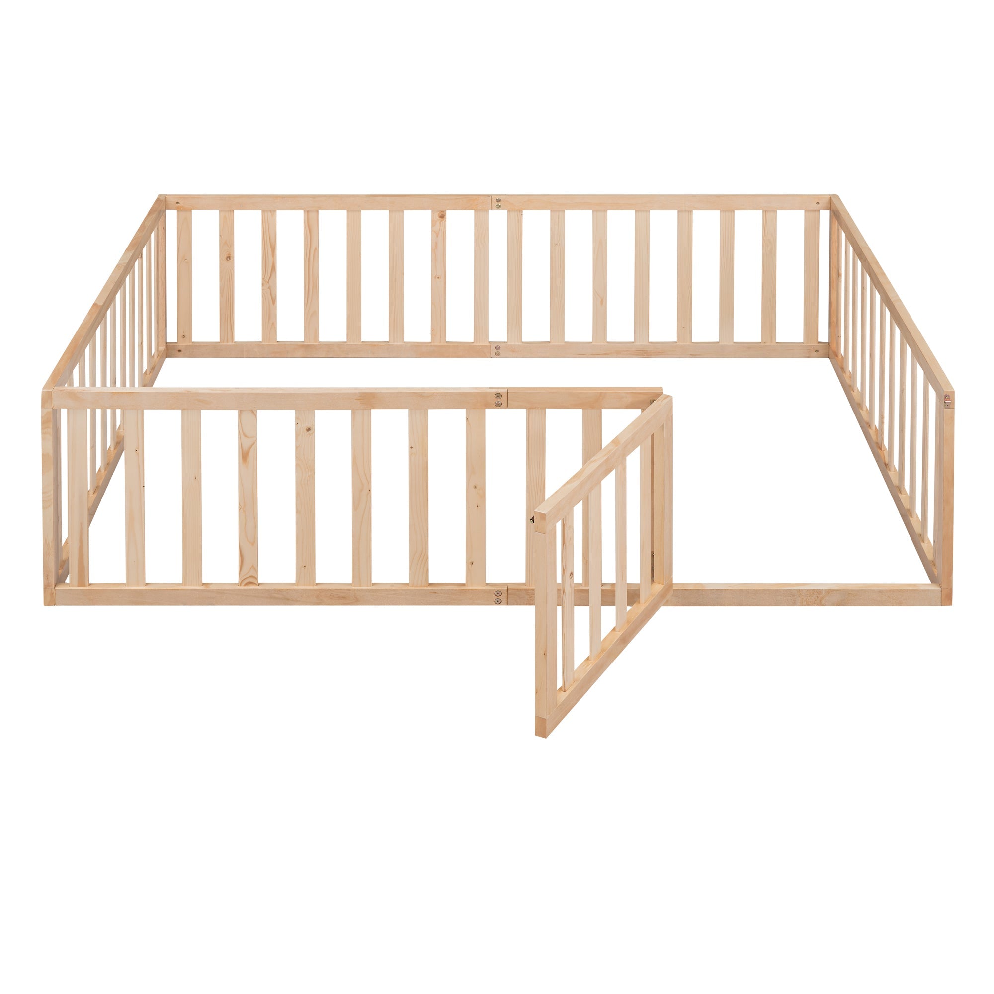 uhomepro Full Floor Bed Frame for Toddlers, Floor Kids Bed with Fence and Door, Low Wood Beds for Girls Boys, Natural