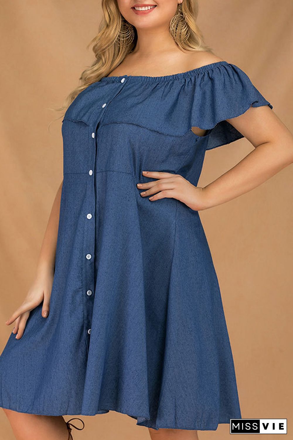 Off Shoulder Button Down Ruffle Denim Plus Size Dress Wholesale