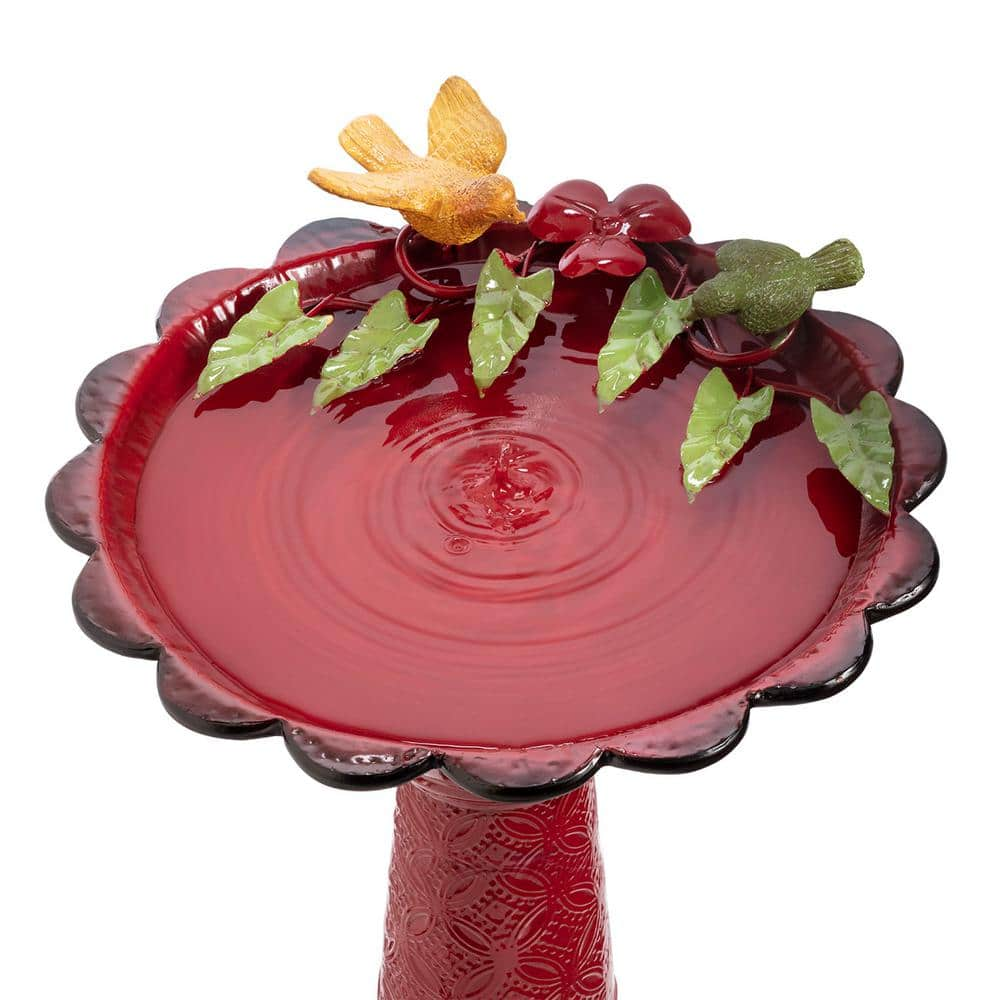 Alpine Corporation 28 in. Tall Outdoor Metal Birdbath with Birds and Leaves Yard Statue Decoration， Red ORS112RD