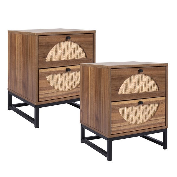 Rattan Nightstand Set of 2， Walnut End Table with 2 Natural Rattan Drawer and Metal Legs