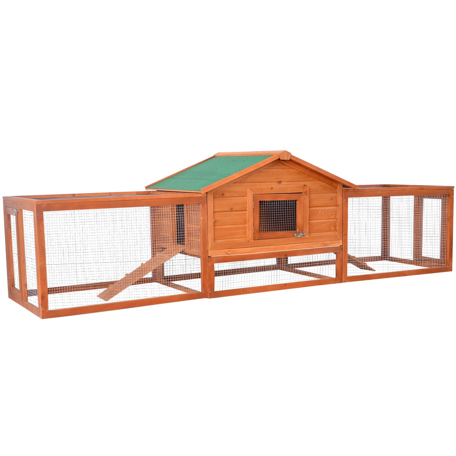 Pawhut 2-Story Large Wooden Rabbit Hutch Pet House with Ramps， Lockable Doors， Run Area and Asphalt Roof for Outdoor Use