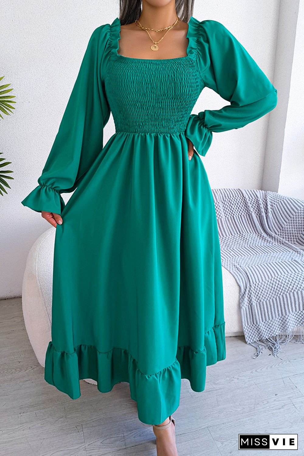 Plain Square Neck Smocked Top Maxi Dress