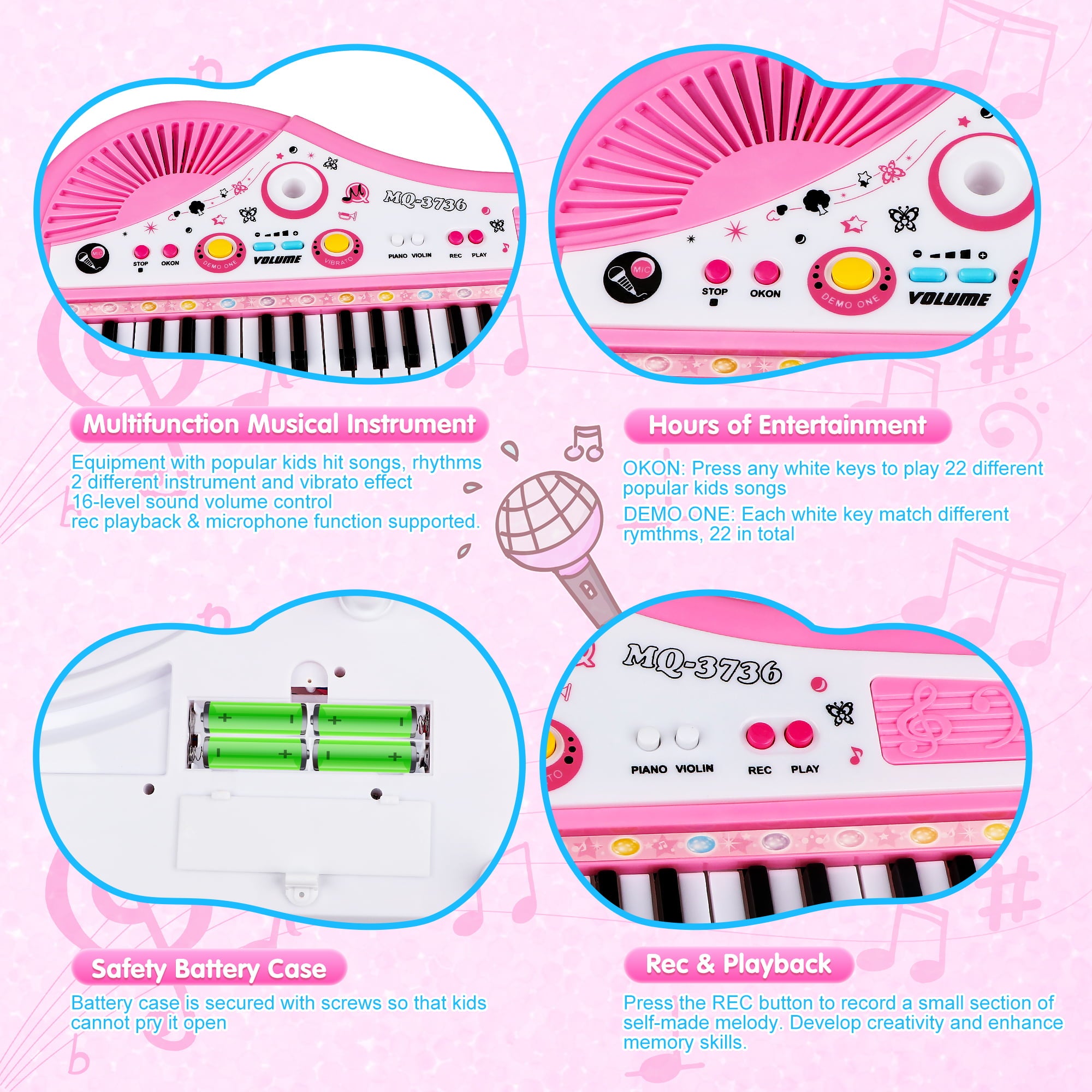 Huge Wave Baby Keyboard Toys for Kids， Pink Piano Musical Instrument with Microphone for Toddlers Girls Boys Aged 4 5 6+